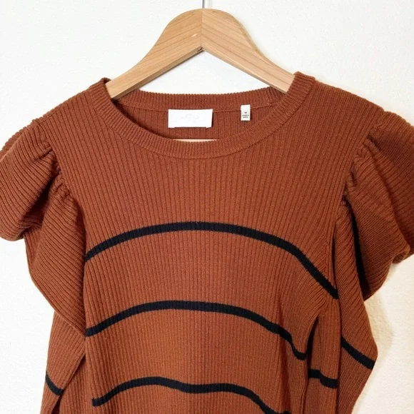 7 for All Mankind Brown Striped Cashmere Blend Puff Shoulder Crew Neck Sweater - Picture 3 of 6